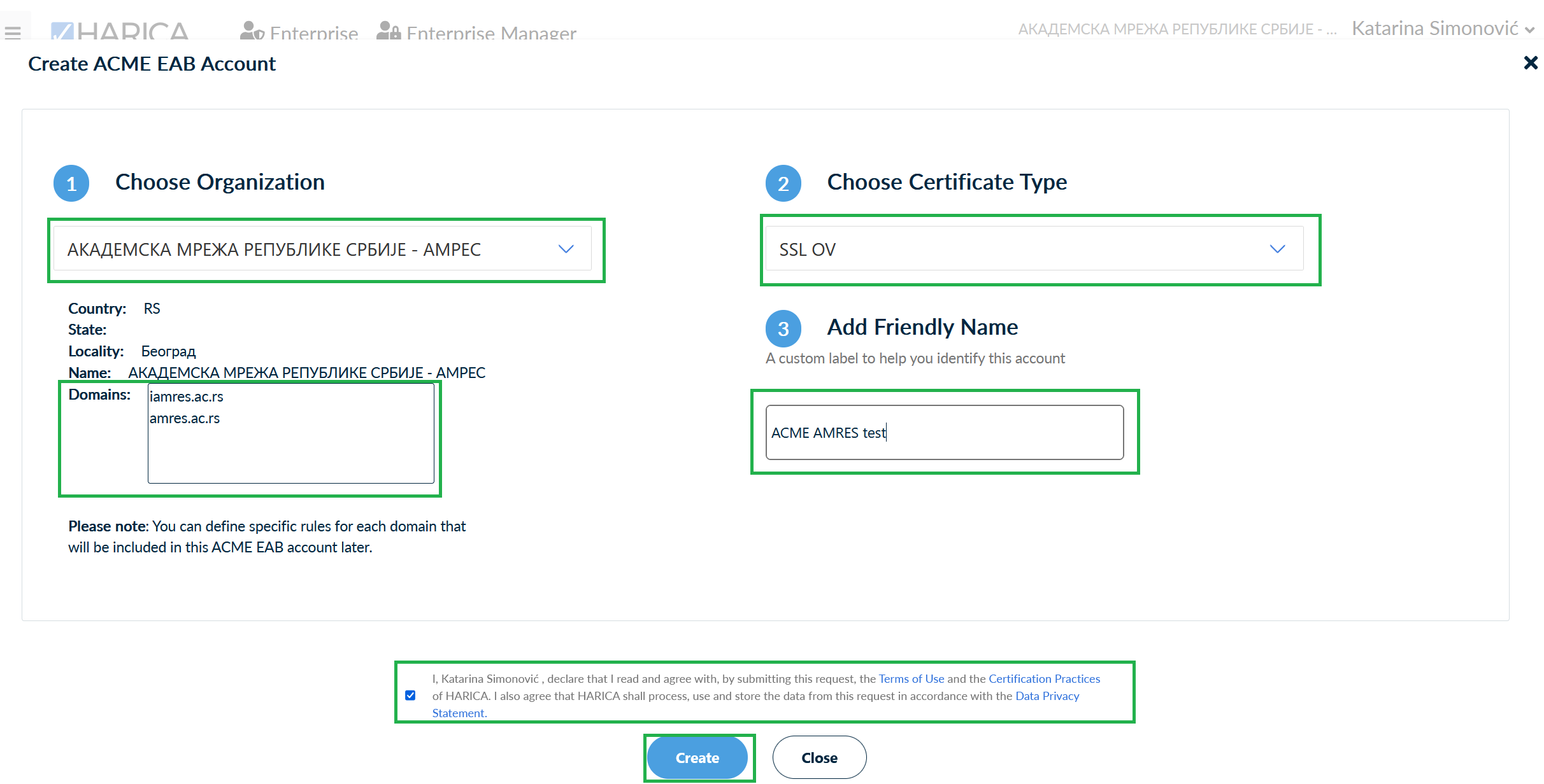 Kreiranje ACME naloga, korak 3