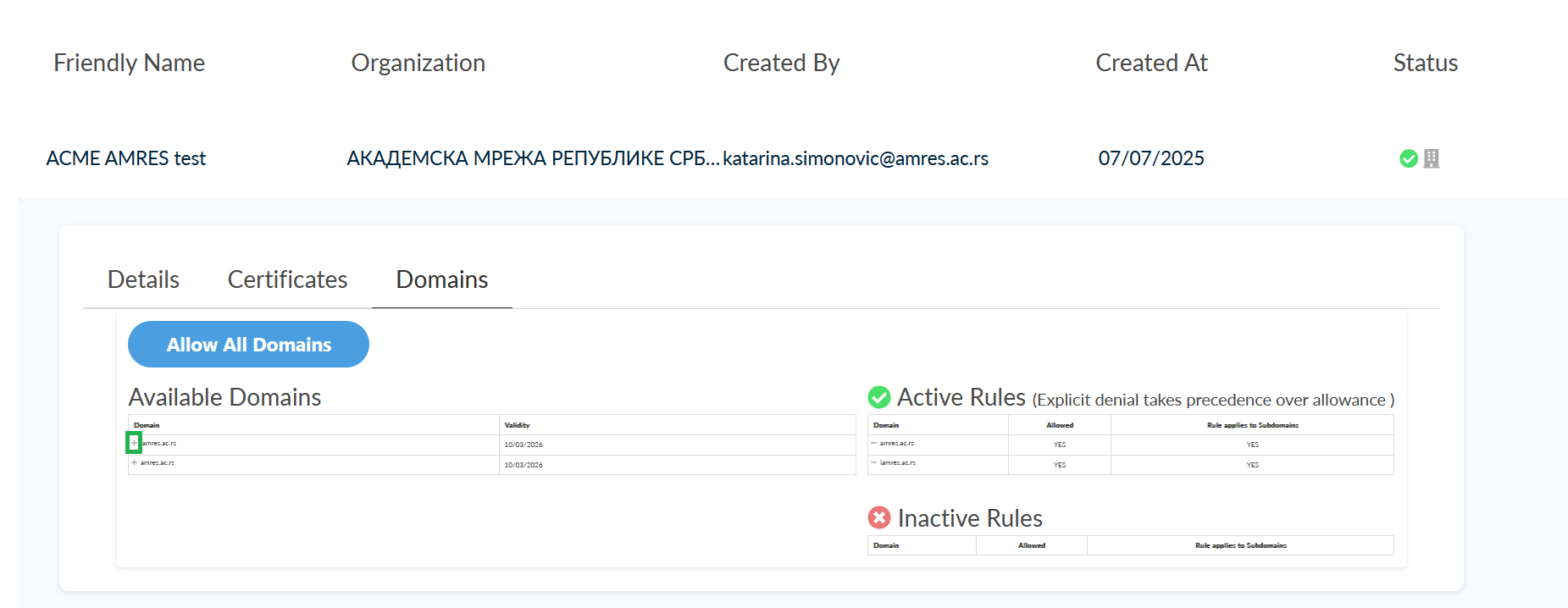 Kreiranje ACME naloga, korak 6