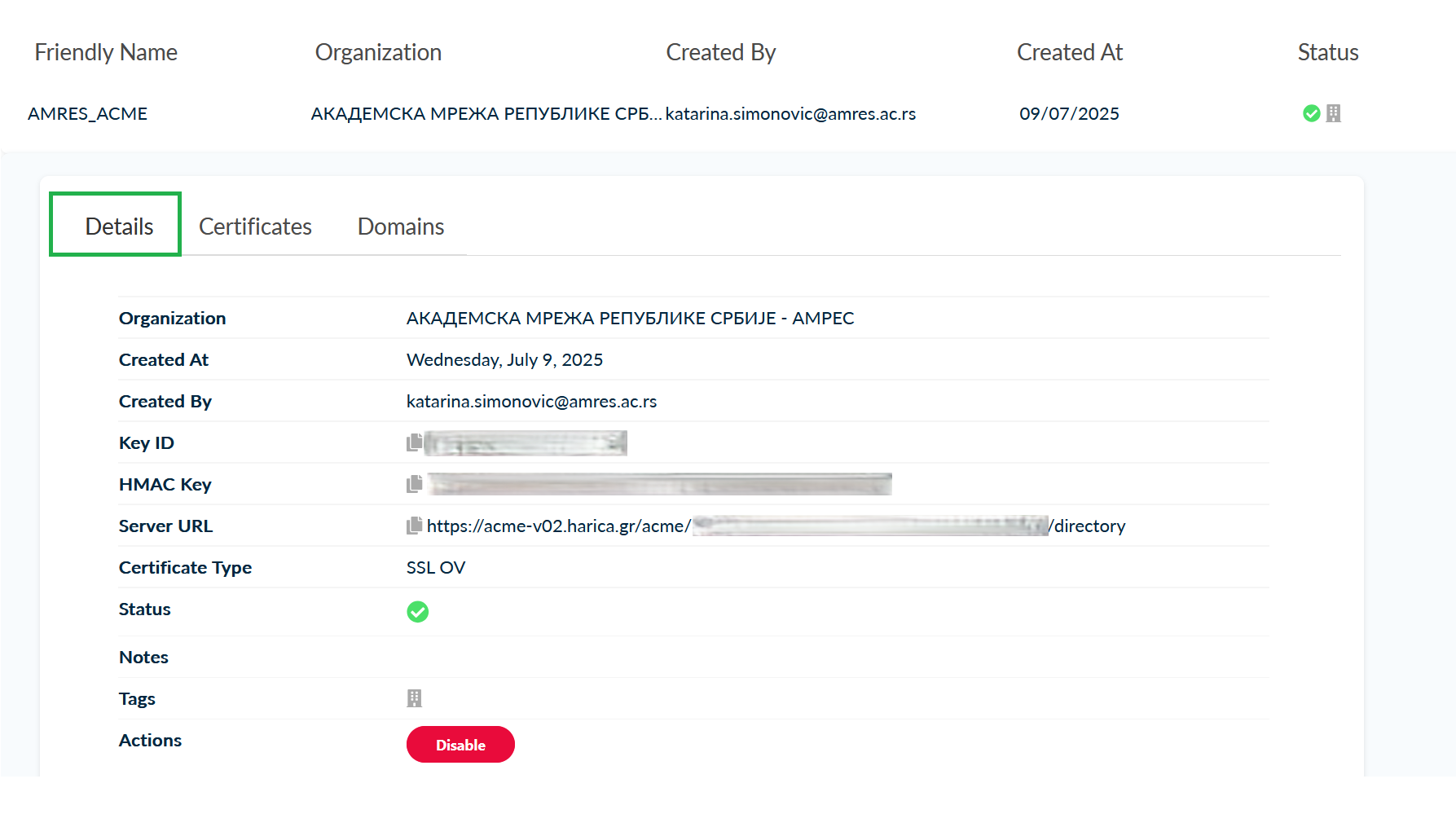 Kreiranje ACME naloga, korak 7